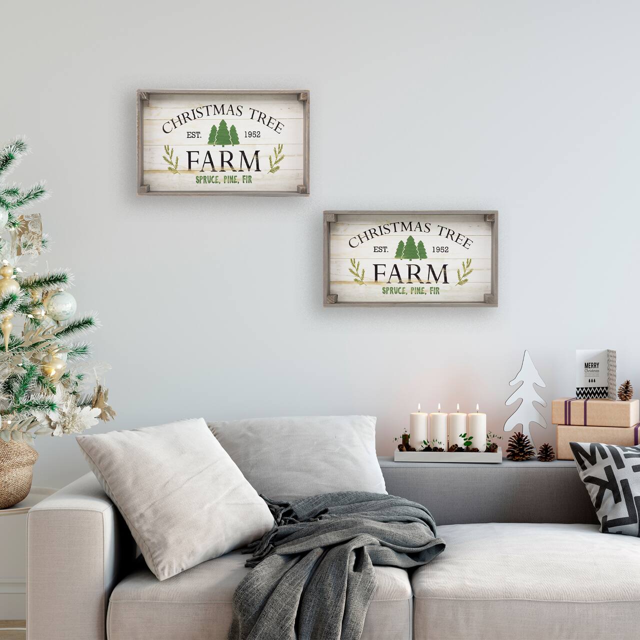 Gray & White Farm Fresh Christmas Trees Wooden Tray Hanging Sign Set